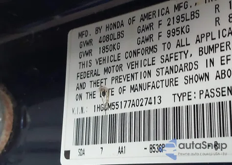 2007 Honda Accord 2.4 Vp z USA, uszkodzony, nr VIN 1HGCM55177A027413
